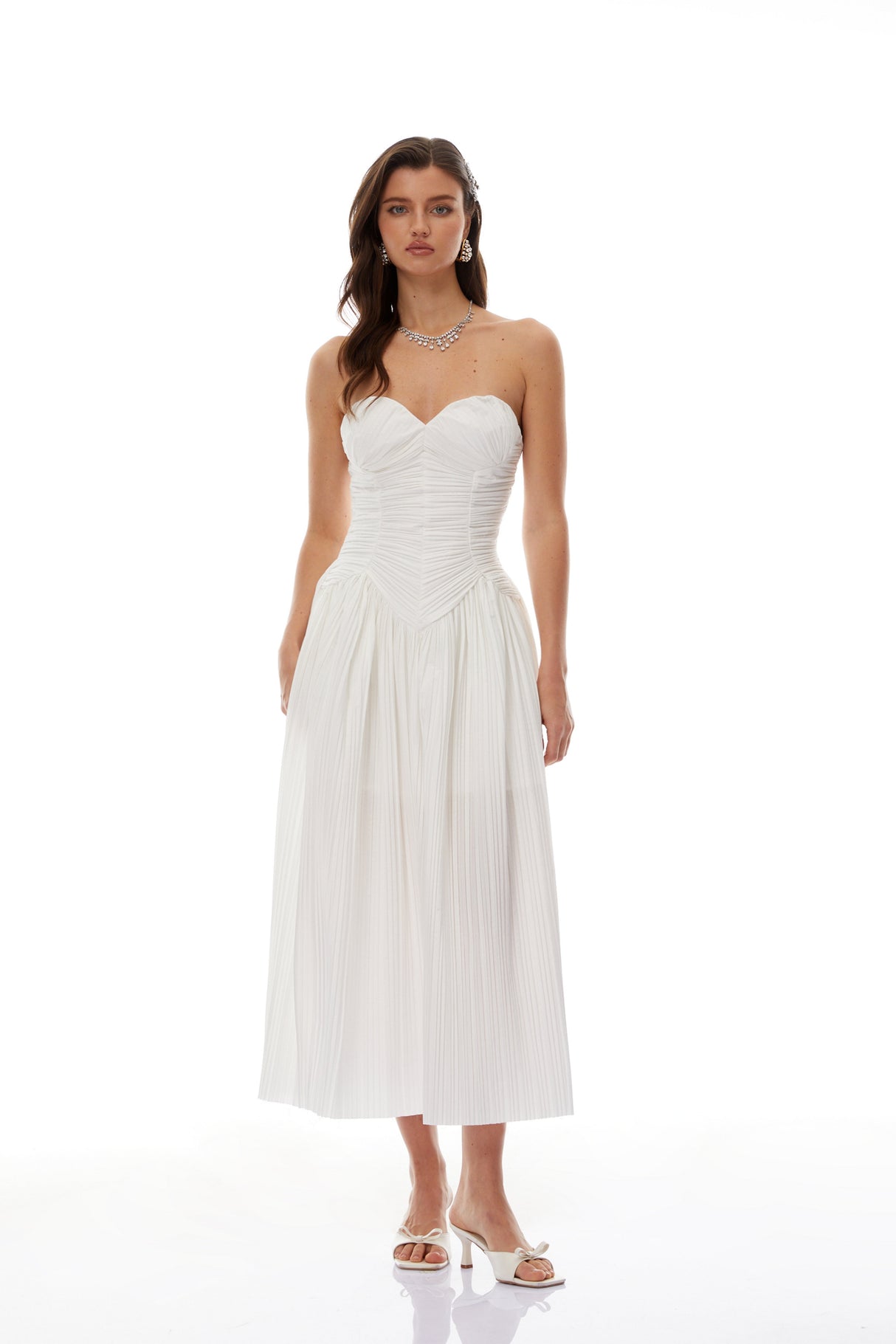 Aurohaya Ilinca White Off-Shoulder Ruched Maxi Dress