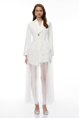 Aurohaya Illyria White Blazer Maxi Dress with Ruffled Tulle