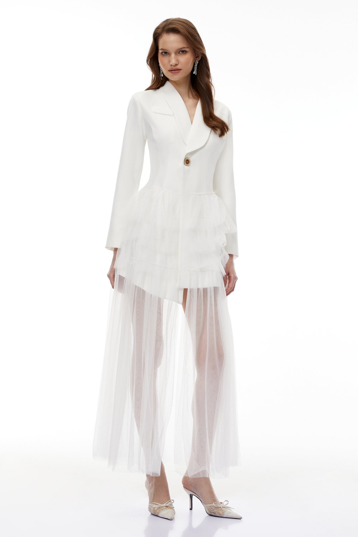 Aurohaya Illyria White Blazer Maxi Dress with Ruffled Tulle
