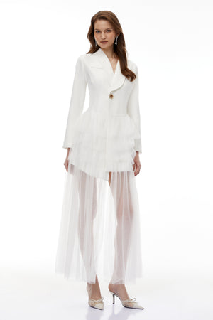 Aurohaya Illyria White Blazer Maxi Dress with Ruffled Tulle