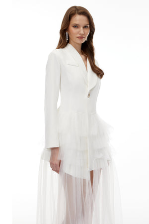 Aurohaya Illyria White Blazer Maxi Dress with Ruffled Tulle
