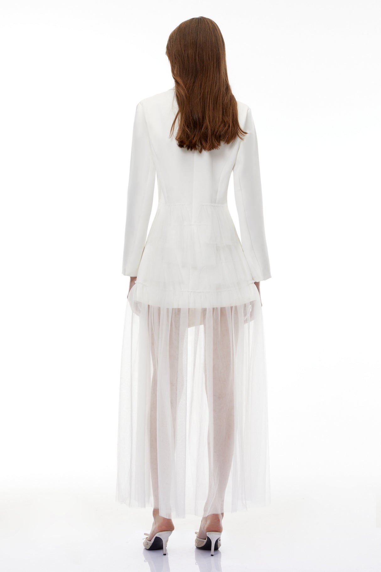 Aurohaya Illyria White Blazer Maxi Dress with Ruffled Tulle