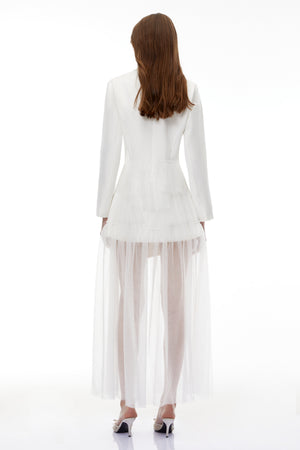 Aurohaya Illyria White Blazer Maxi Dress with Ruffled Tulle