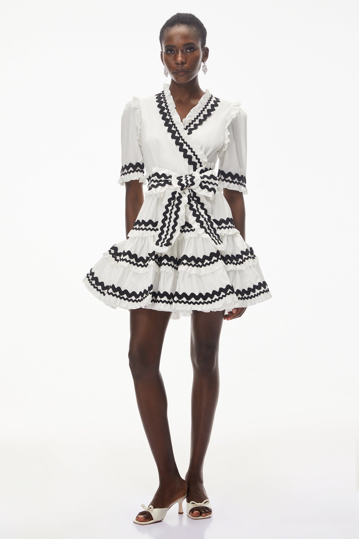 Aurohaya Inanna White V-Neck Ruffled Mini Dress