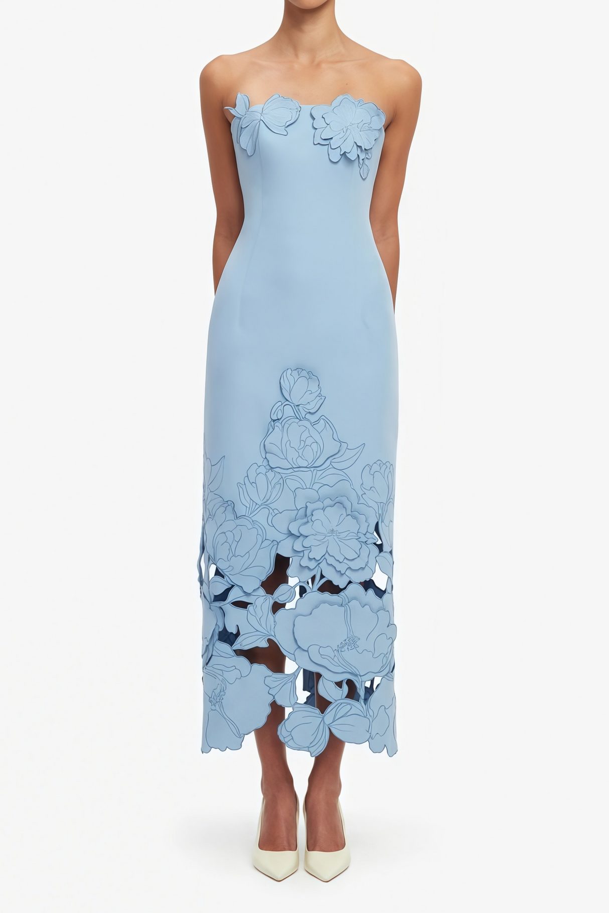 Aurohaya Inga Blue Strapless Floral Embroidered Maxi Dress