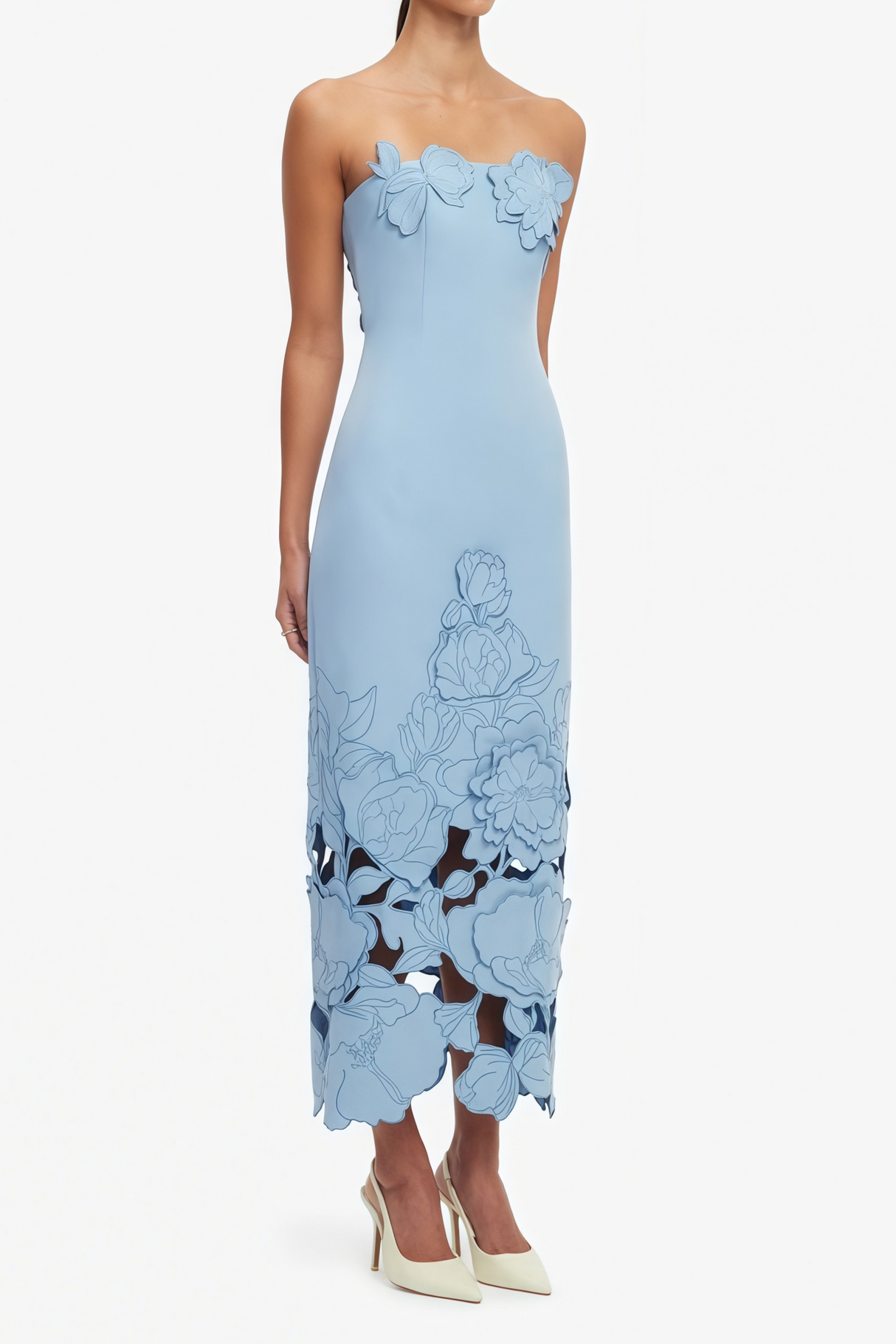 Aurohaya Inga Blue Strapless Floral Embroidered Maxi Dress