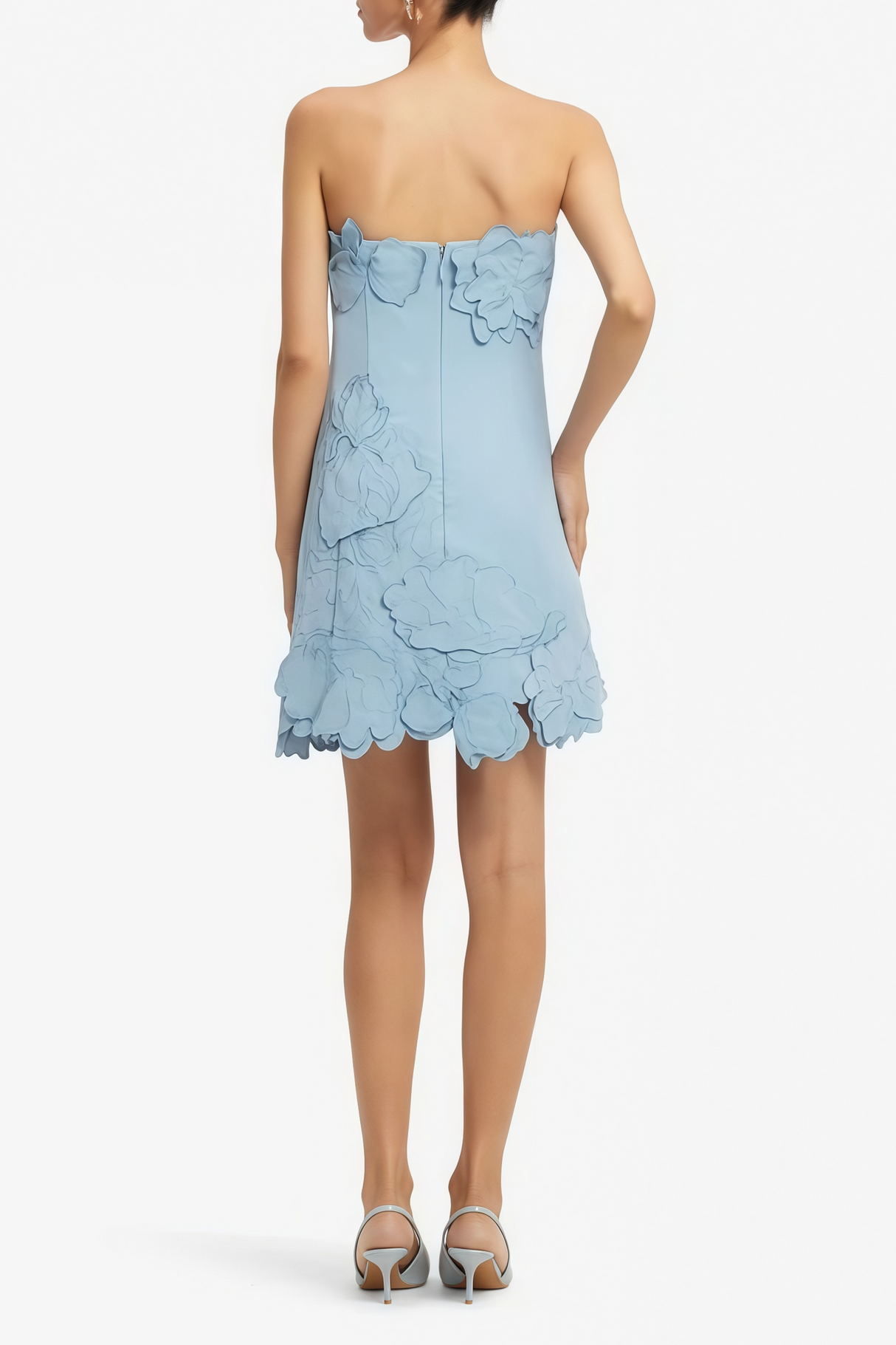 Aurohaya Inga Blue Strapless Floral Embroidered Mini Dress