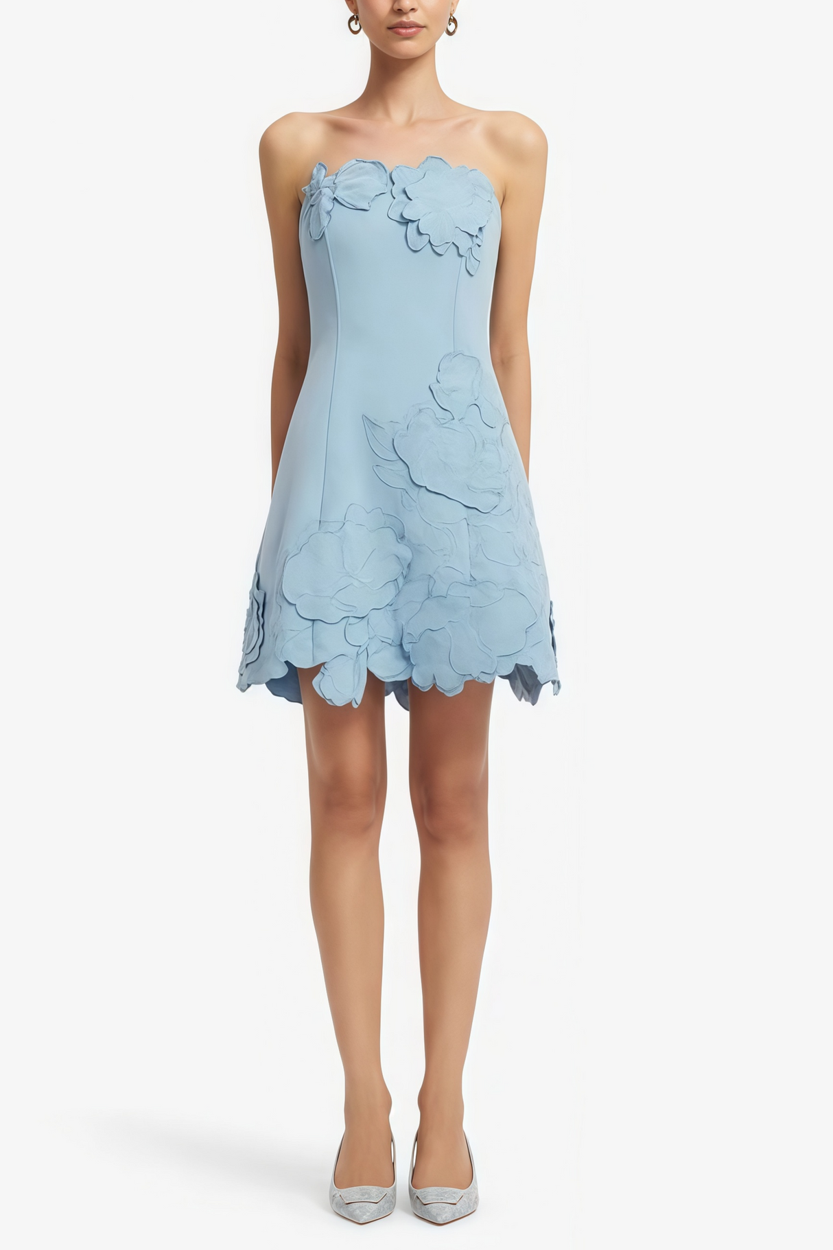 Aurohaya Inga Blue Strapless Floral Embroidered Mini Dress