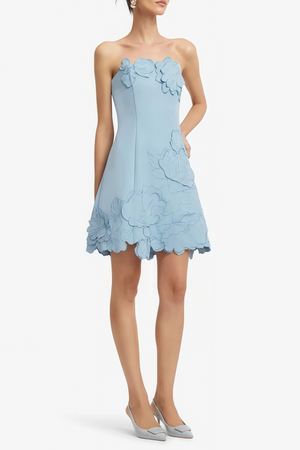 Aurohaya Inga Blue Strapless Floral Embroidered Mini Dress