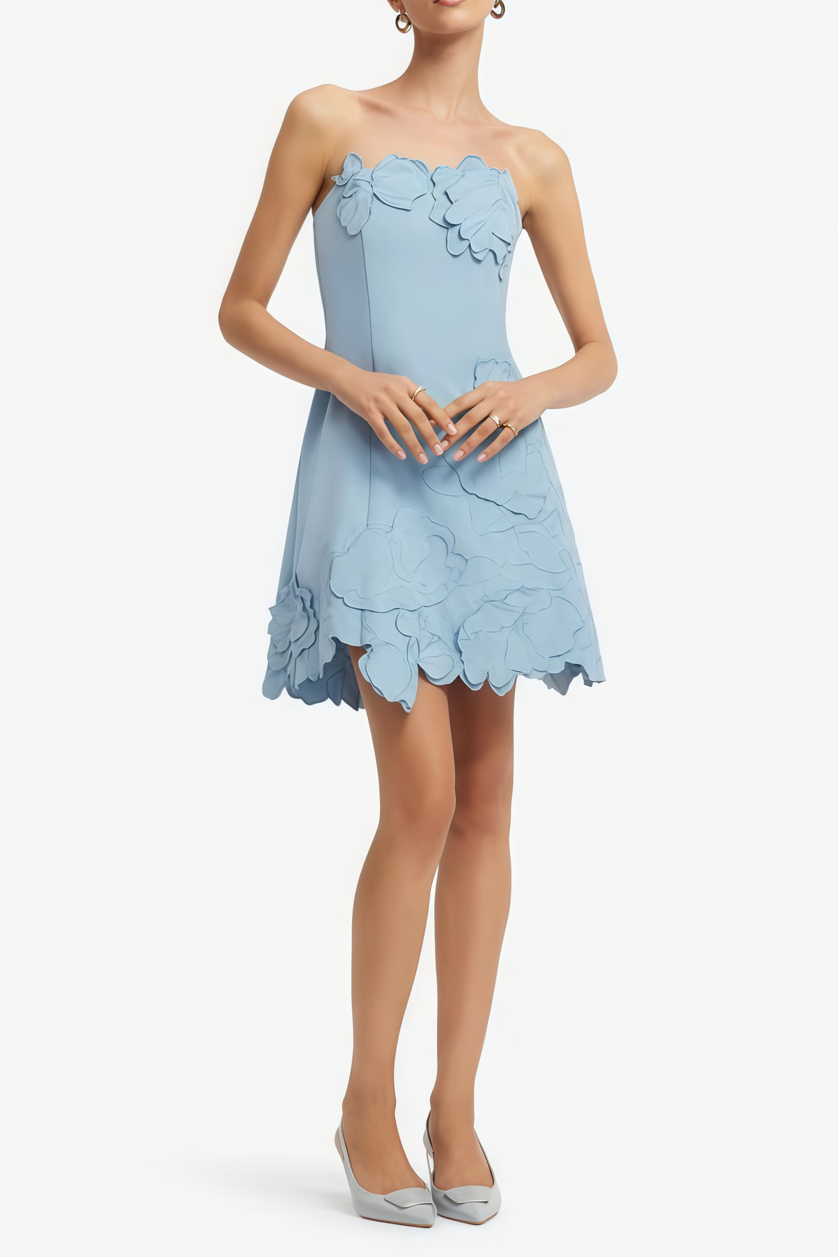 Aurohaya Inga Blue Strapless Floral Embroidered Mini Dress