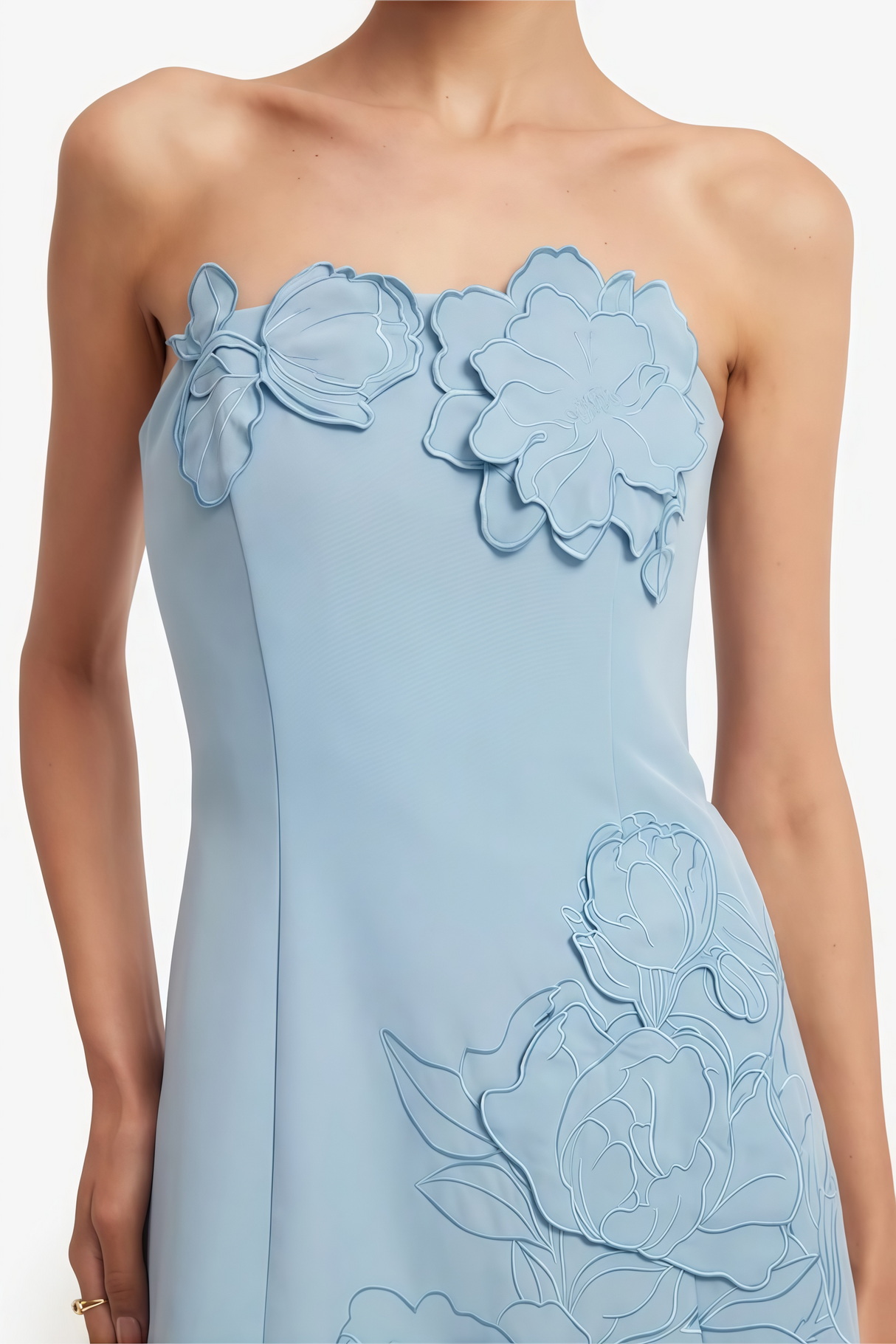 Aurohaya Inga Blue Strapless Floral Embroidered Mini Dress