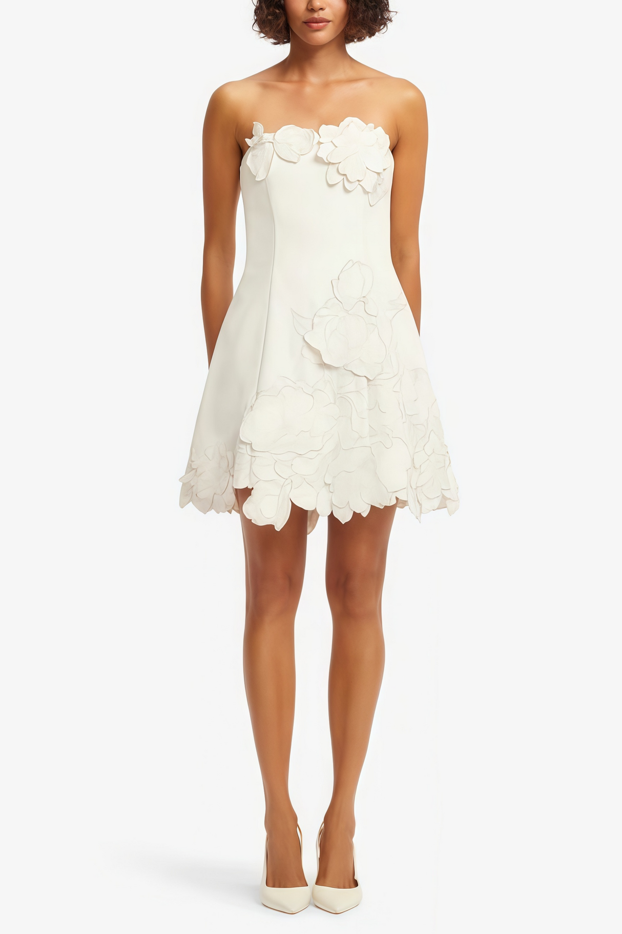 Aurohaya Inga Cream White Strapless Floral Embroidered Mini Dress