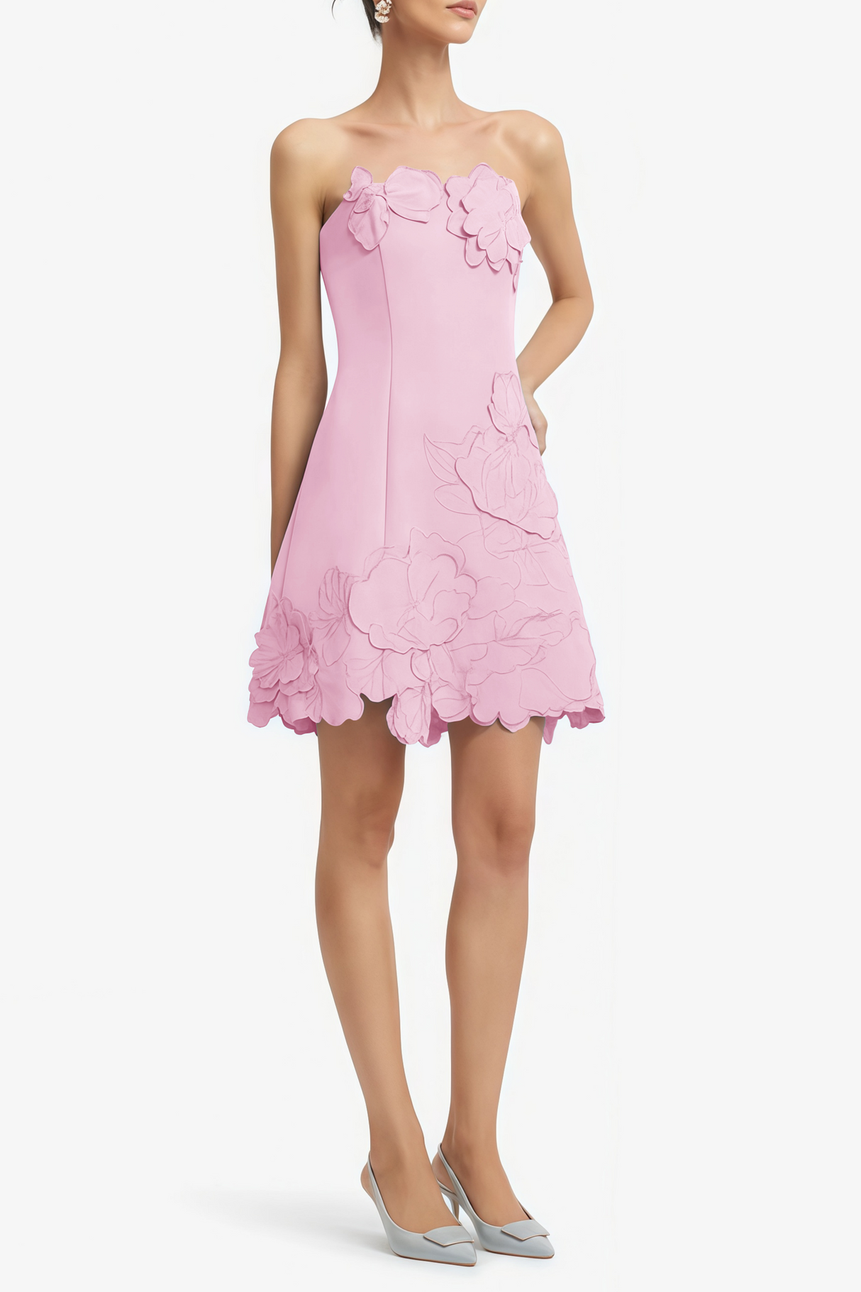 Aurohaya Inga Pink Strapless Floral Embroidered Mini Dress