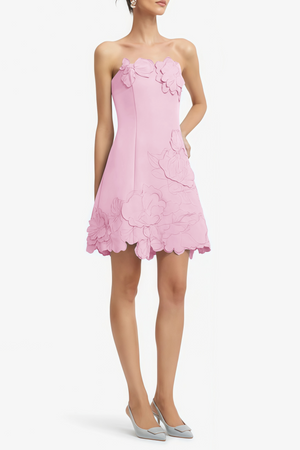 Aurohaya Inga Pink Strapless Floral Embroidered Mini Dress