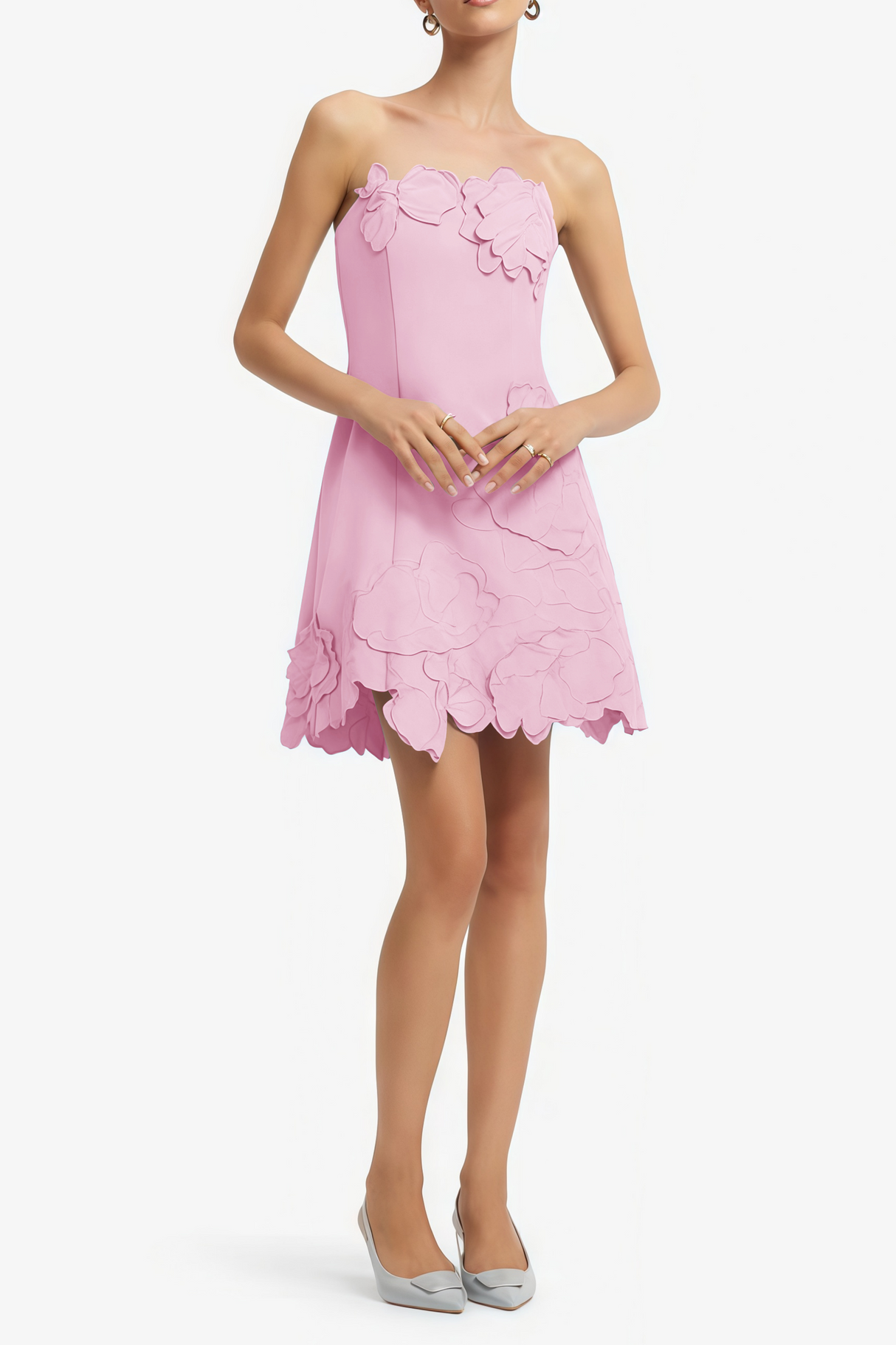 Aurohaya Inga Pink Strapless Floral Embroidered Mini Dress
