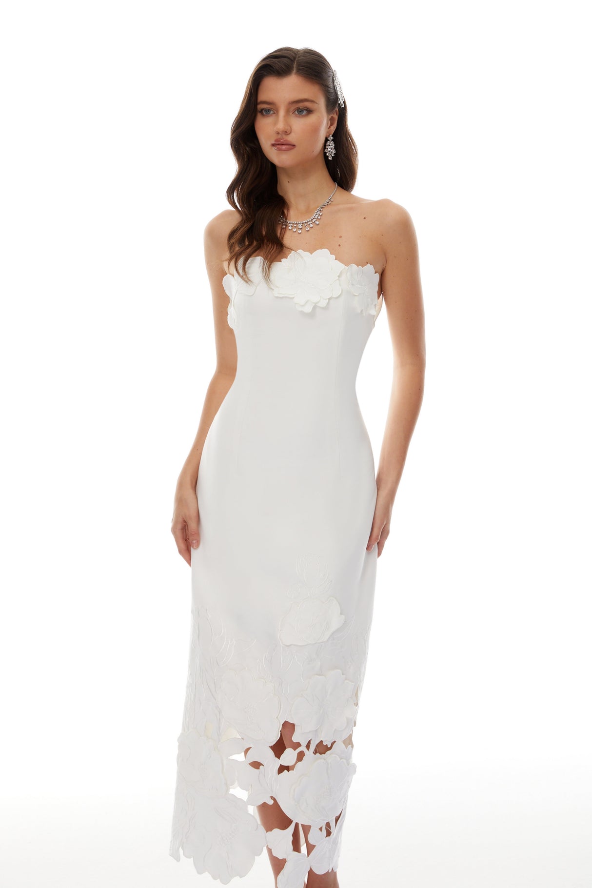 Aurohaya Inga White Strapless Floral Embroidered Maxi Dress