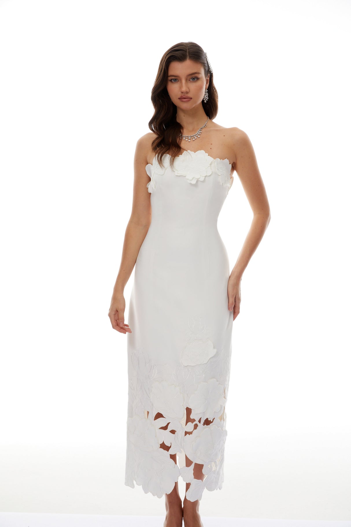 Aurohaya Inga White Strapless Floral Embroidered Maxi Dress