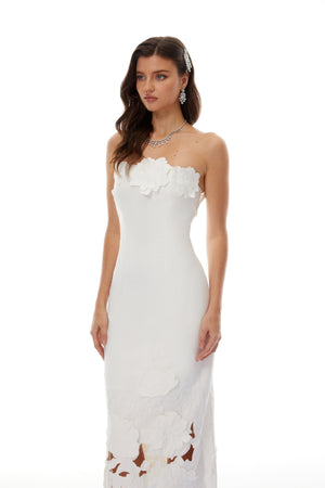Aurohaya Inga White Strapless Floral Embroidered Maxi Dress