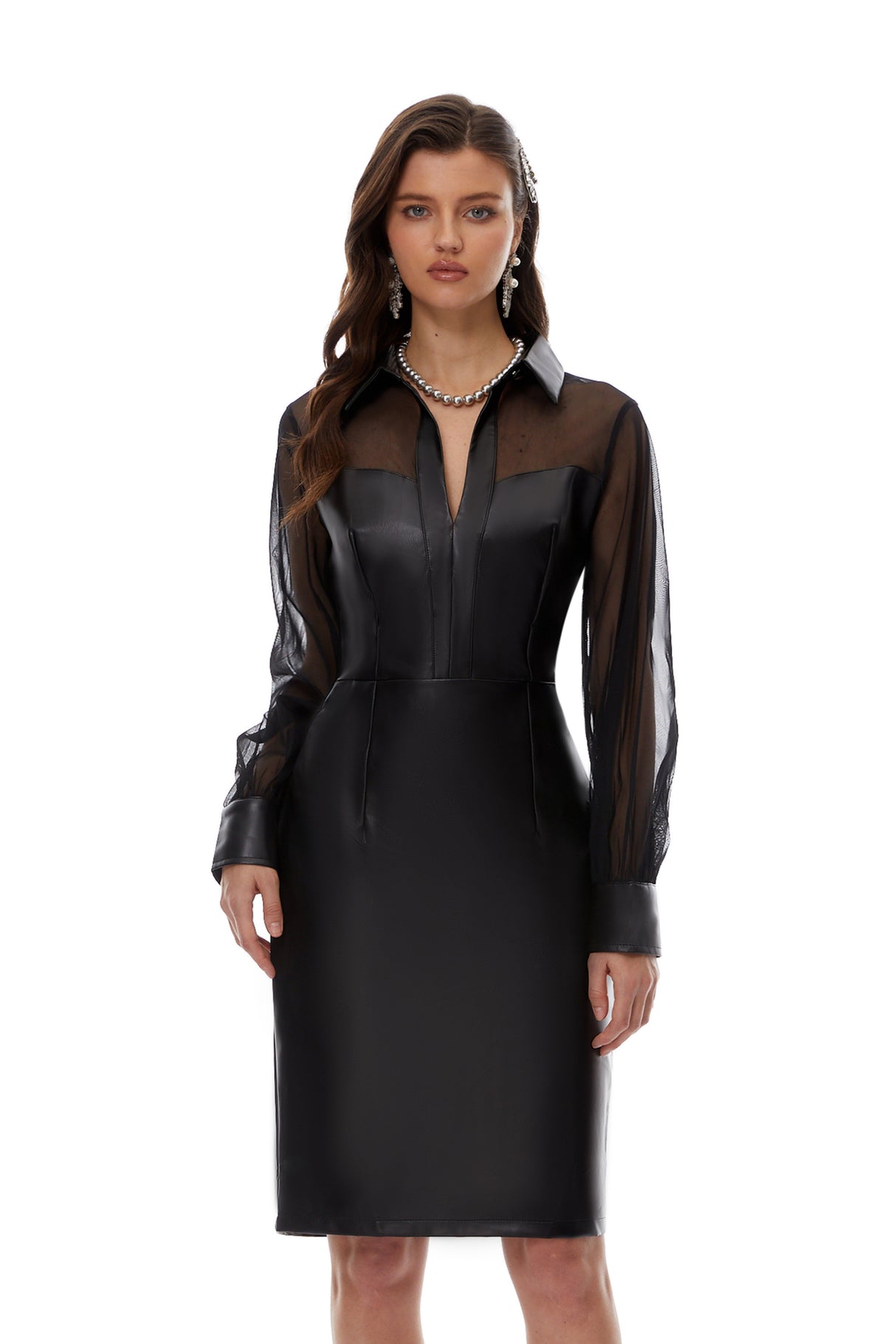 Aurohaya Inger Black Leather Midi Dress with Tulle Panels