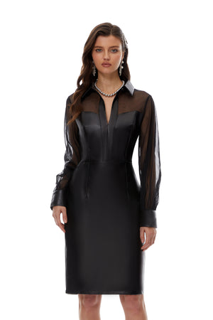 Aurohaya Inger Black Leather Midi Dress with Tulle Panels