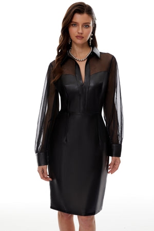 Aurohaya Inger Black Leather Midi Dress with Tulle Panels