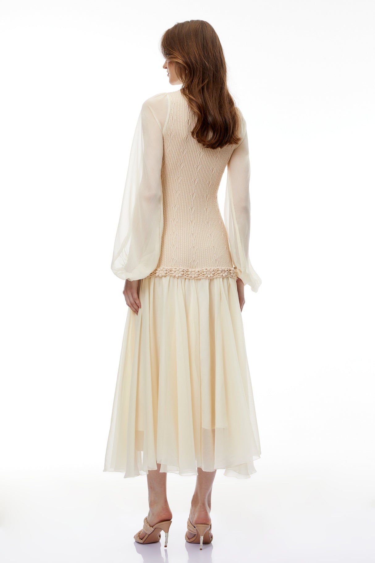 Aurohaya Iolanthe Champagne Floral Tulle Midi Dress