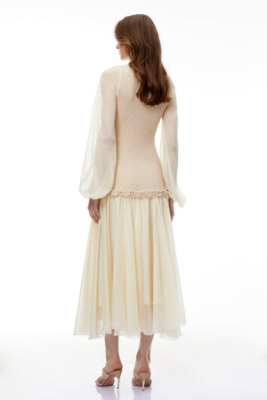 Aurohaya Iolanthe Champagne Floral Tulle Midi Dress