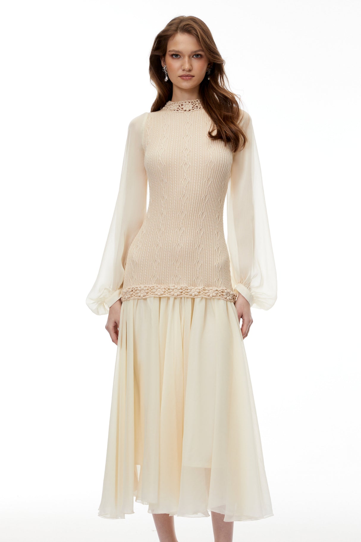 Aurohaya Iolanthe Champagne Floral Tulle Midi Dress