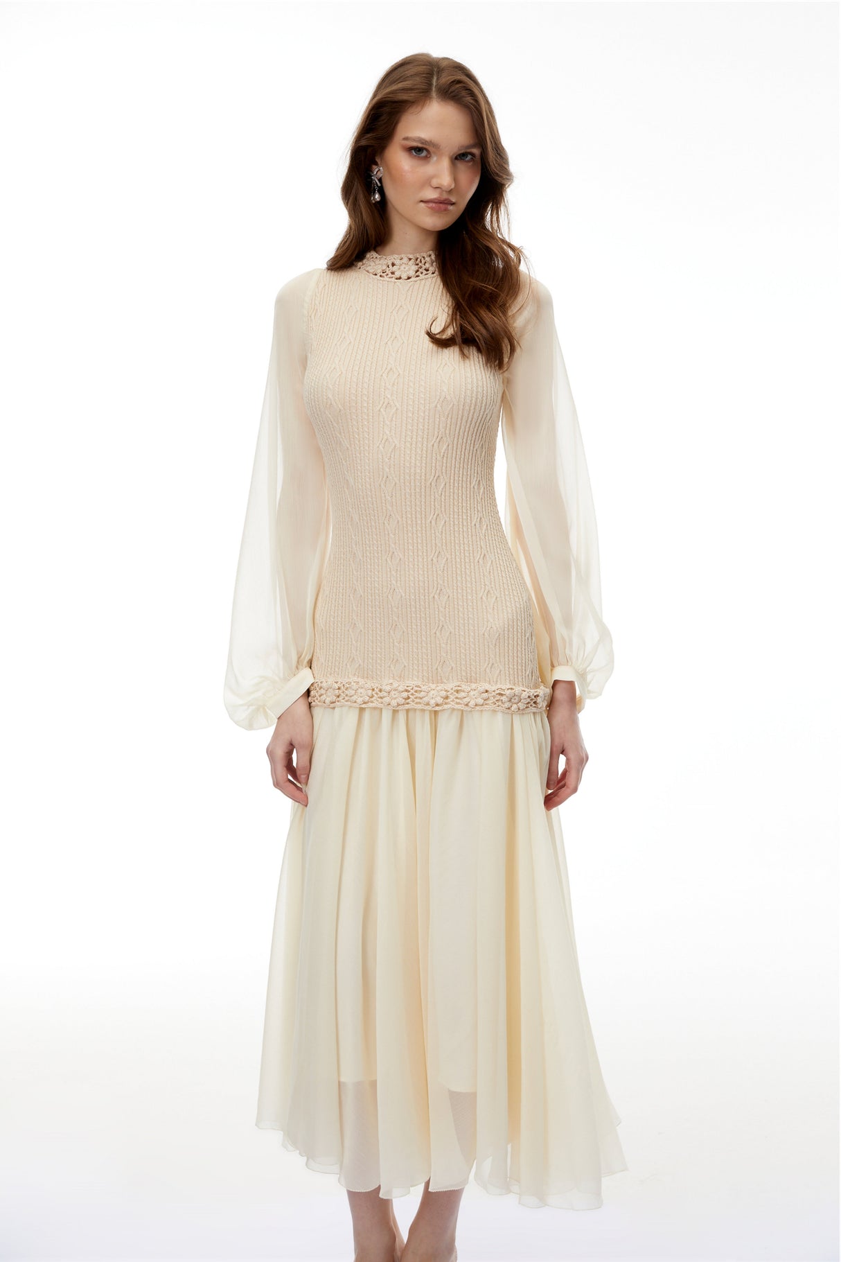 Aurohaya Iolanthe Champagne Floral Tulle Midi Dress