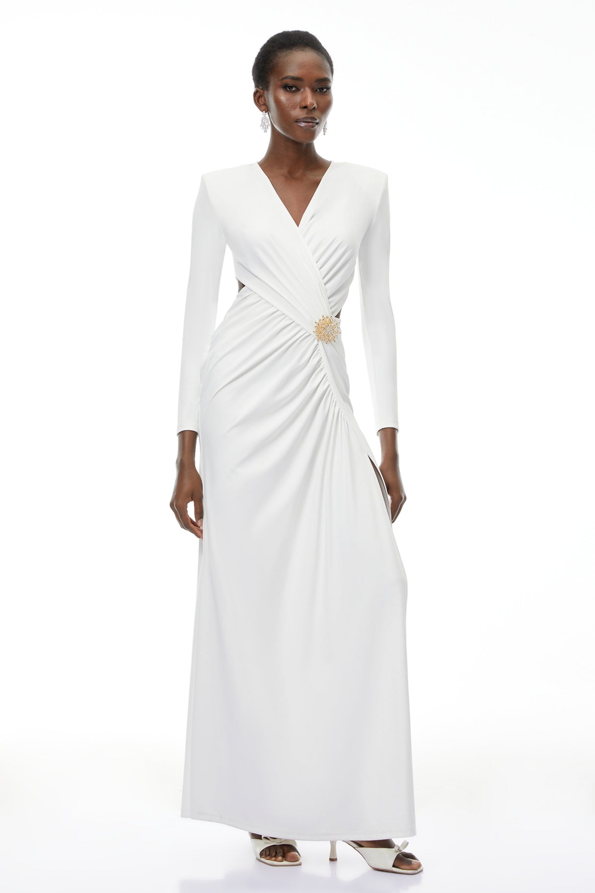 Aurohaya Irena White Cross Front Maxi Dress with Side Slit