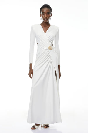 Aurohaya Irena White Cross Front Maxi Dress with Side Slit