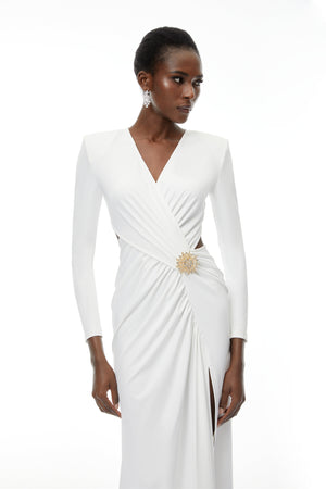 Aurohaya Irena White Cross Front Maxi Dress with Side Slit