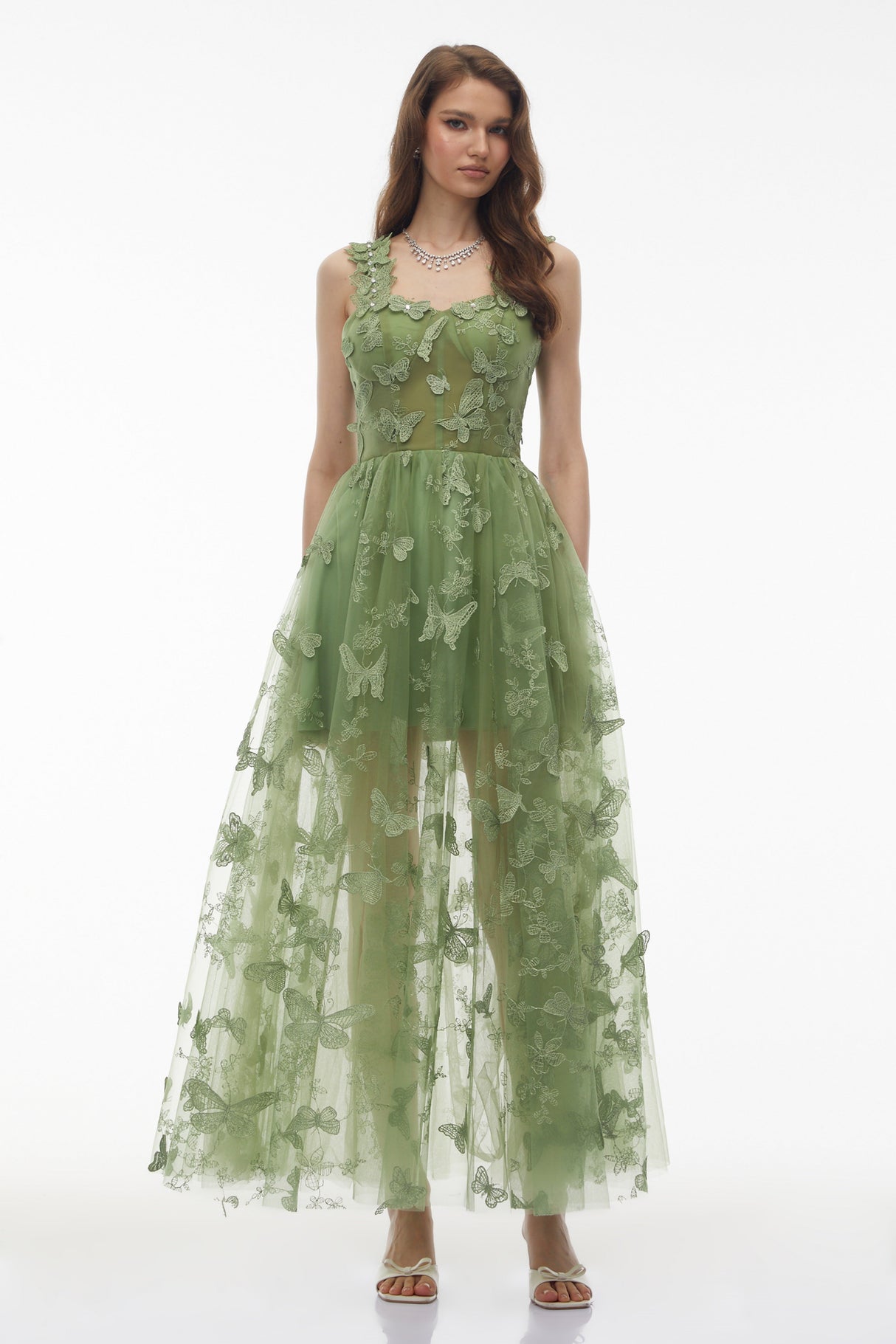 Aurohaya Iris Sage Green Tulle Maxi Dress with 3D Florals