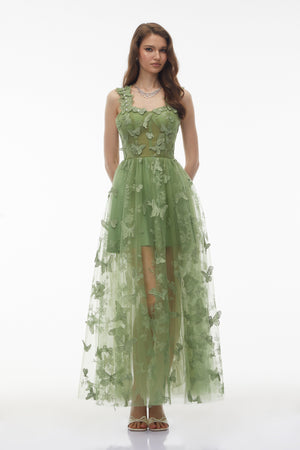Aurohaya Iris Sage Green Tulle Maxi Dress with 3D Florals