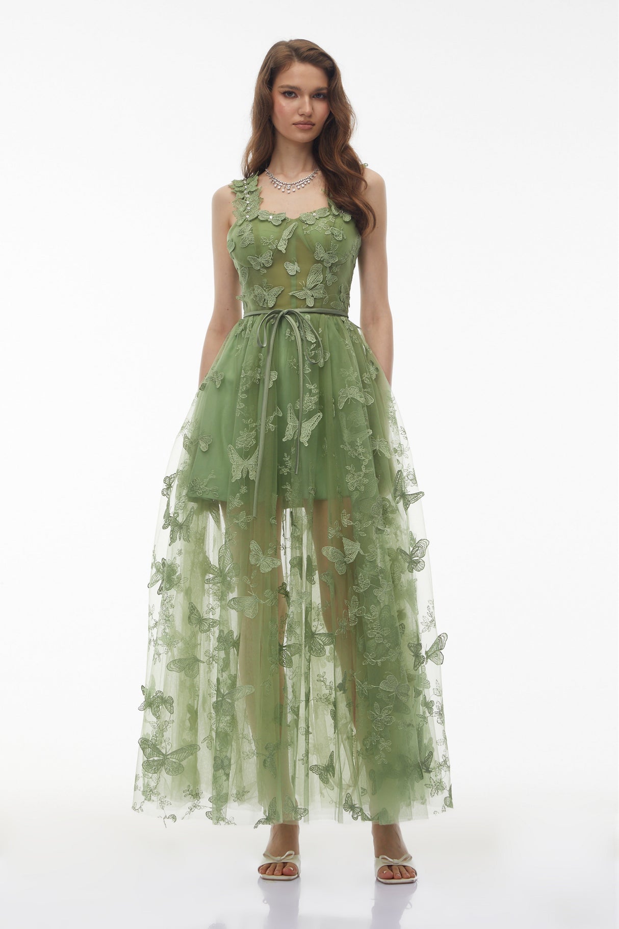 Aurohaya Iris Sage Green Tulle Maxi Dress with 3D Florals