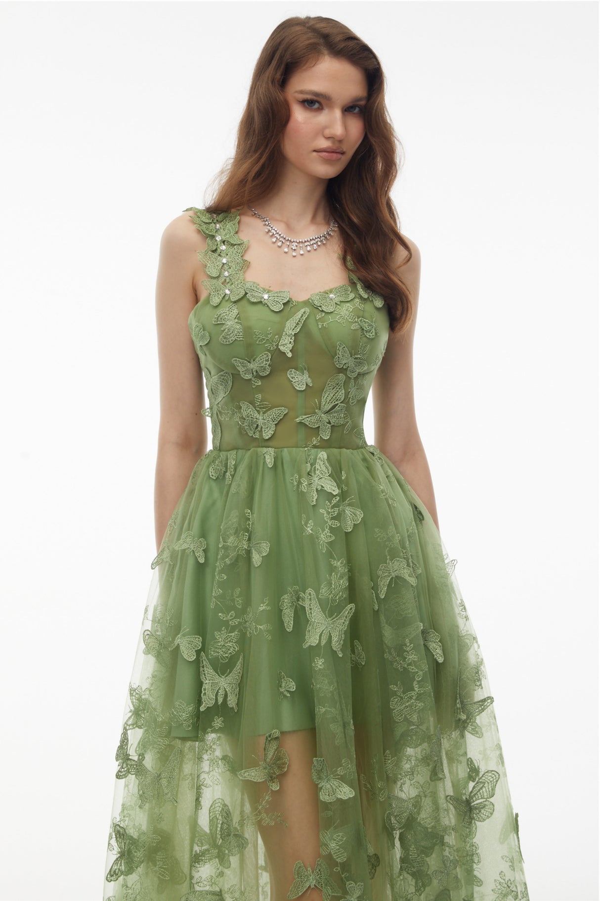 Aurohaya Iris Sage Green Tulle Maxi Dress with 3D Florals