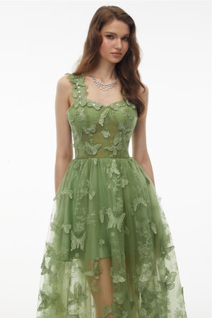 Aurohaya Iris Sage Green Tulle Maxi Dress with 3D Florals