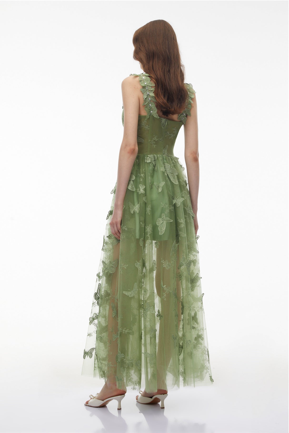 Aurohaya Iris Sage Green Tulle Maxi Dress with 3D Florals