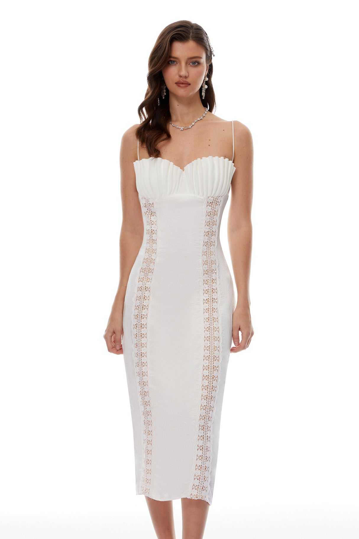Aurohaya Irmgard White Shell Pleated Satin Midi Dress