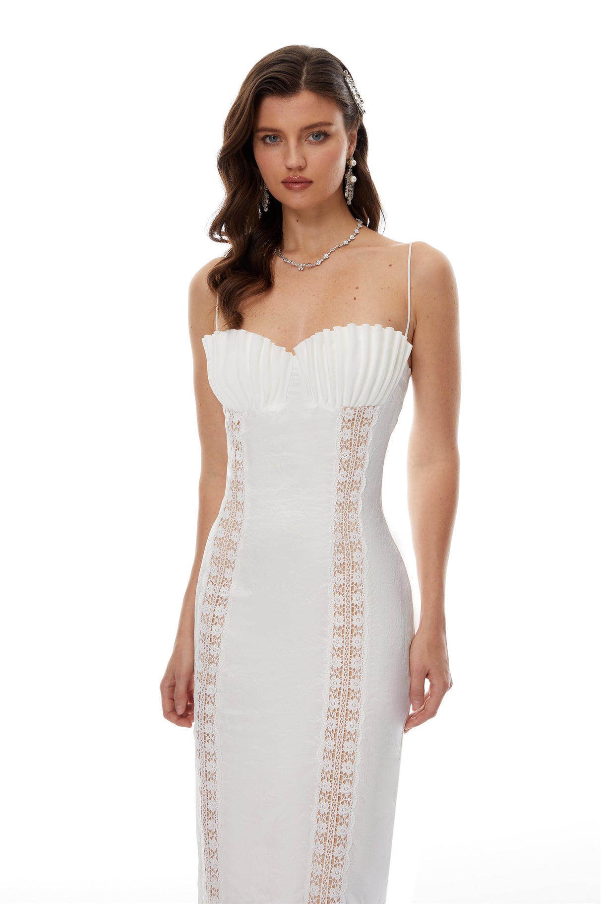 Aurohaya Irmgard White Shell Pleated Satin Midi Dress