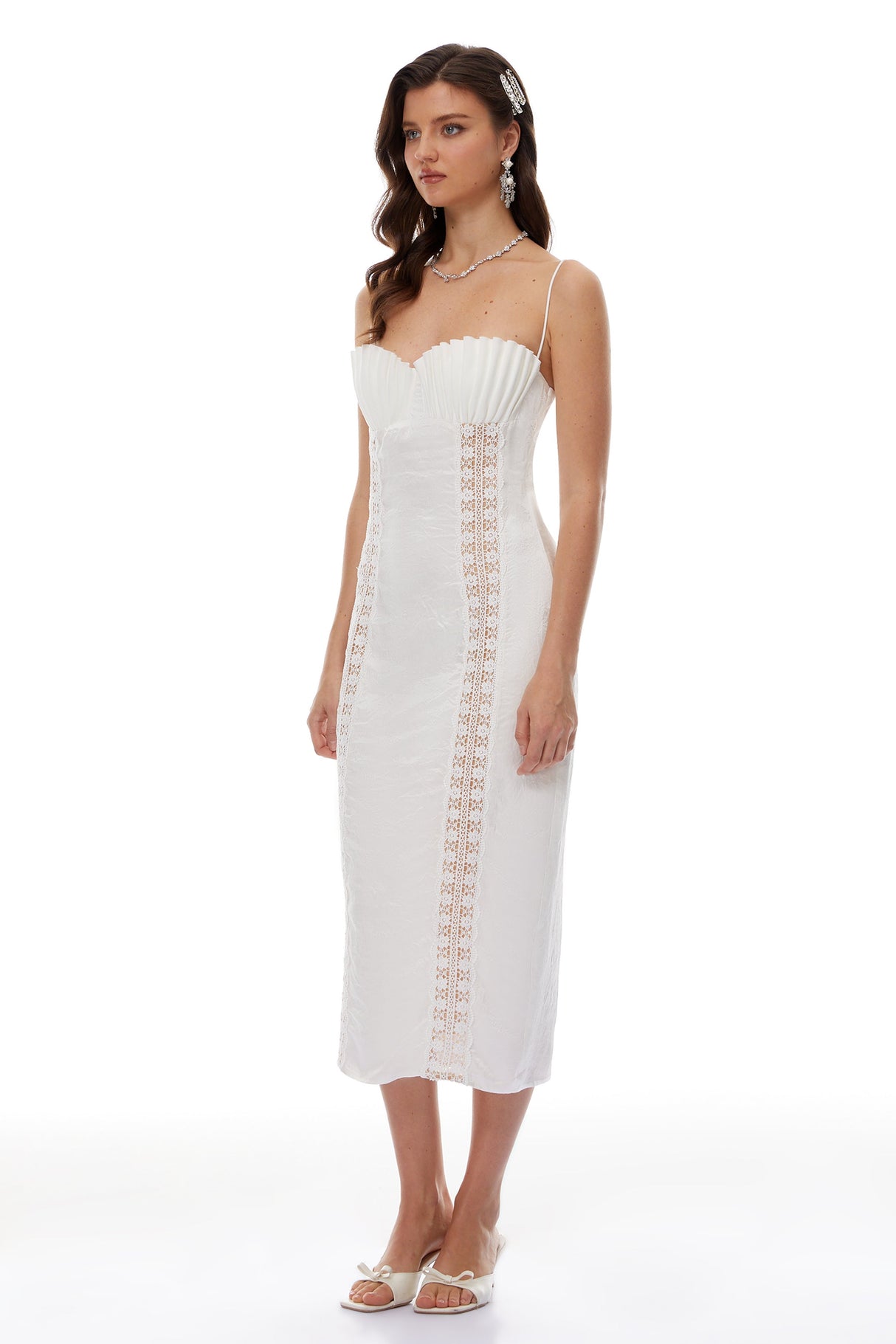 Aurohaya Irmgard White Shell Pleated Satin Midi Dress