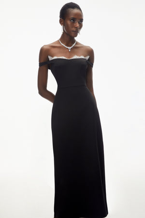 Aurohaya Isabella Black Off Shoulder Lace Panel Maxi Dress