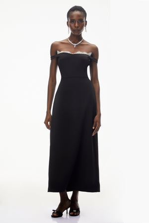 Aurohaya Isabella Black Off Shoulder Lace Panel Maxi Dress