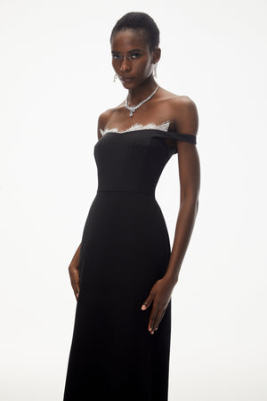 Aurohaya Isabella Black Off Shoulder Lace Panel Maxi Dress