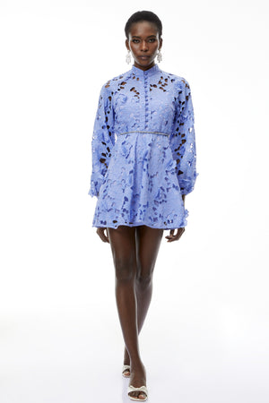 Aurohaya Isabella Blue Cut-Out Mini Dress with Floral Applique