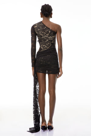Aurohaya Isolde Black Asymmetraical Lace Mini Dress