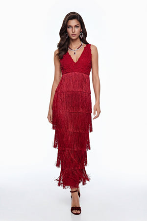 Aurohaya Isoldeia Red Sleeveless Lace Maxi Dress