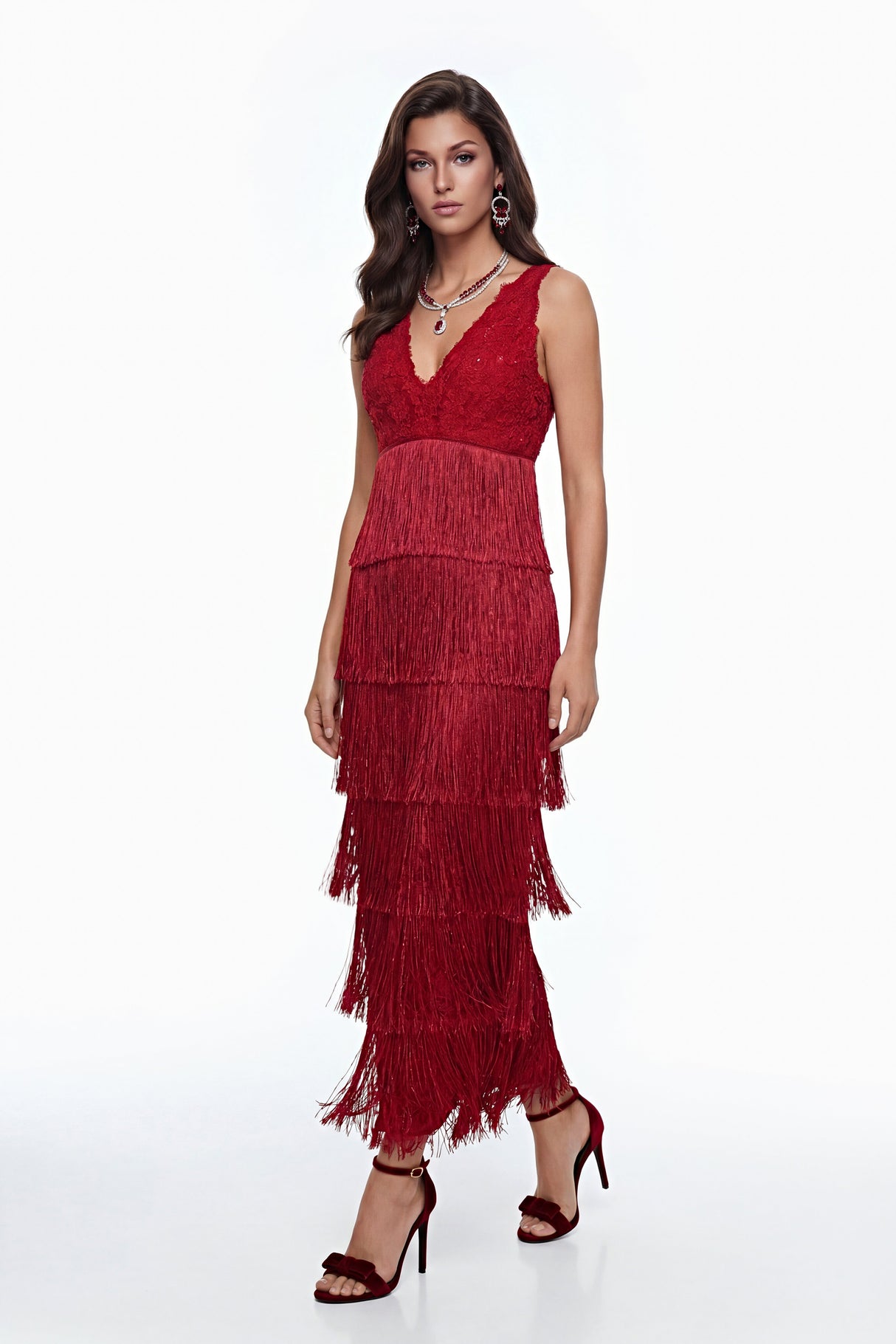 Aurohaya Isoldeia Red Sleeveless Lace Maxi Dress