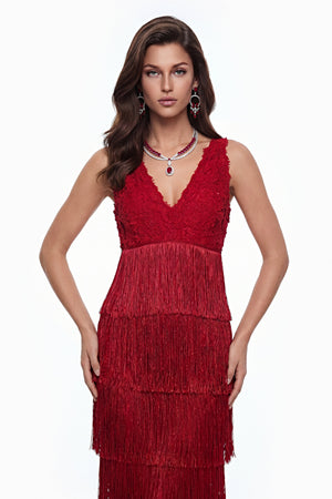 Aurohaya Isoldeia Red Sleeveless Lace Maxi Dress