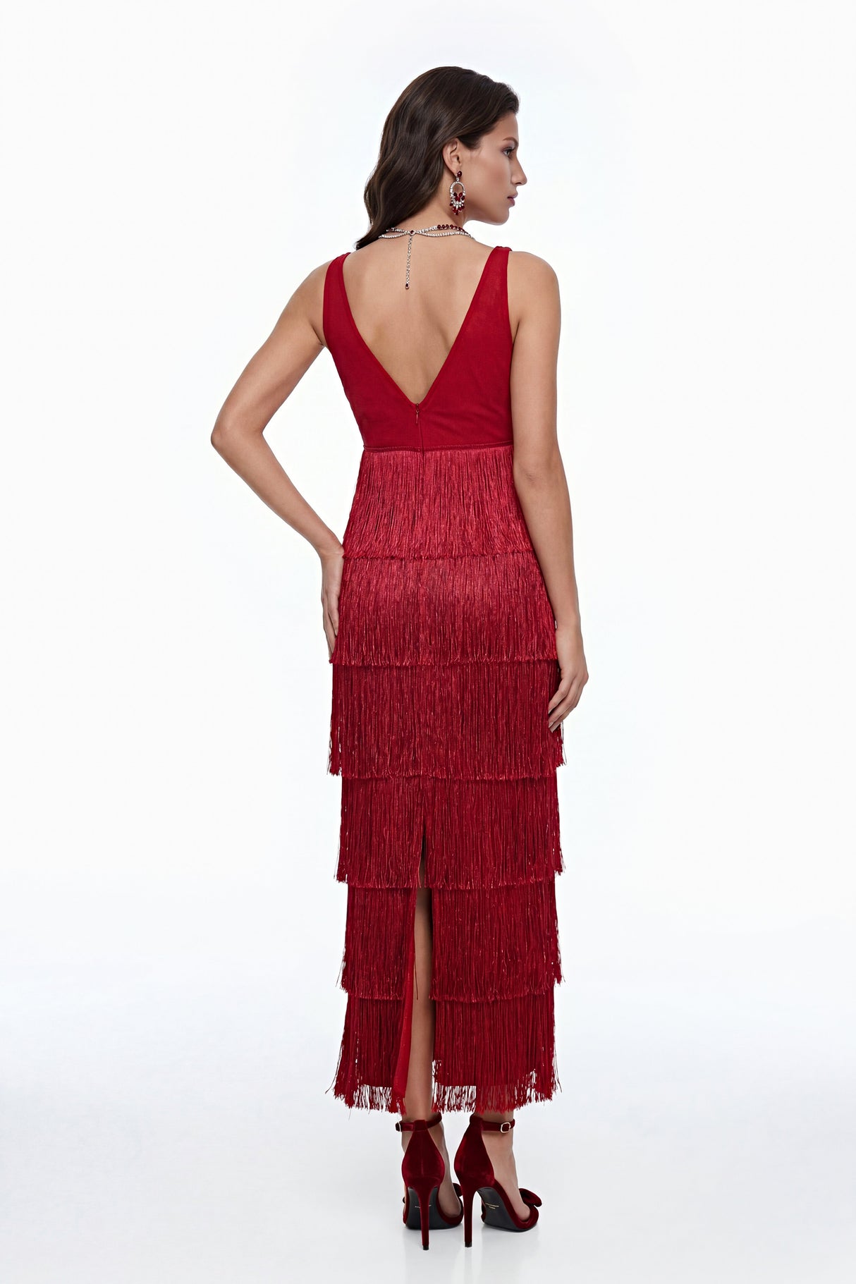 Aurohaya Isoldeia Red Sleeveless Lace Maxi Dress